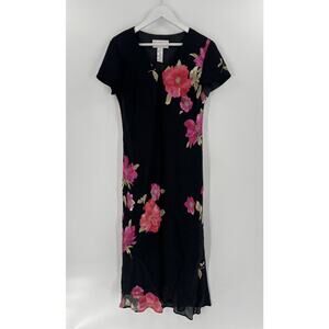 Evan Picone Vintage 90s Dress Womens 14 Black Floral Maxi V Neck Lined Pullover